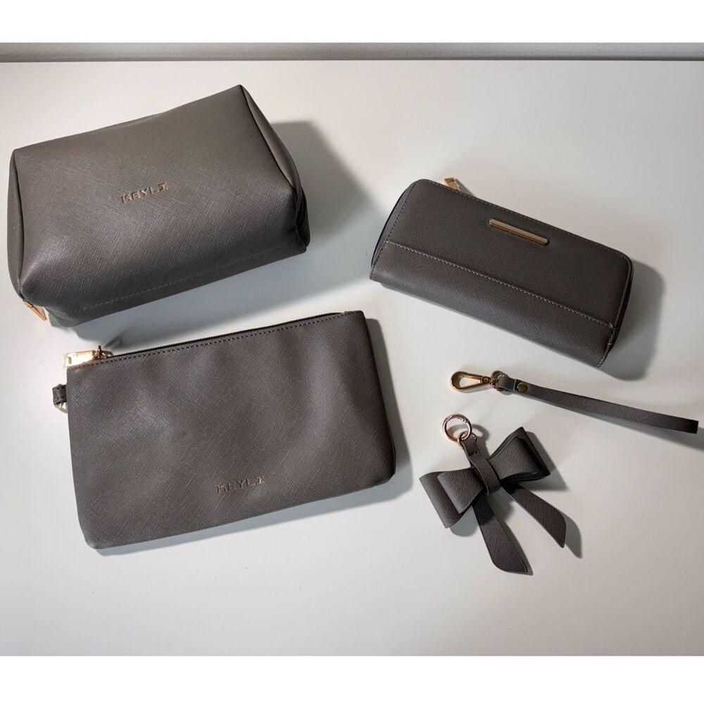 Gray Saffiano Faux Leather 4pc Wristlet Clutch Wallet Cosmetic Bag Set Gold Tone
